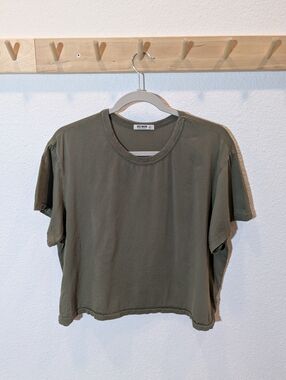 Buck Mason Pima Boxy Crew Dusty Olive Green Cropped Crewneck T-Shirt